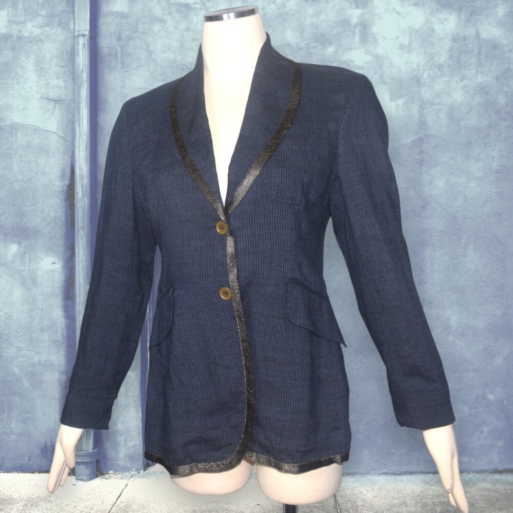 Vintage 90s 1990s Romeo Gigli Linen Striped Blazer Metallic Accents S 40